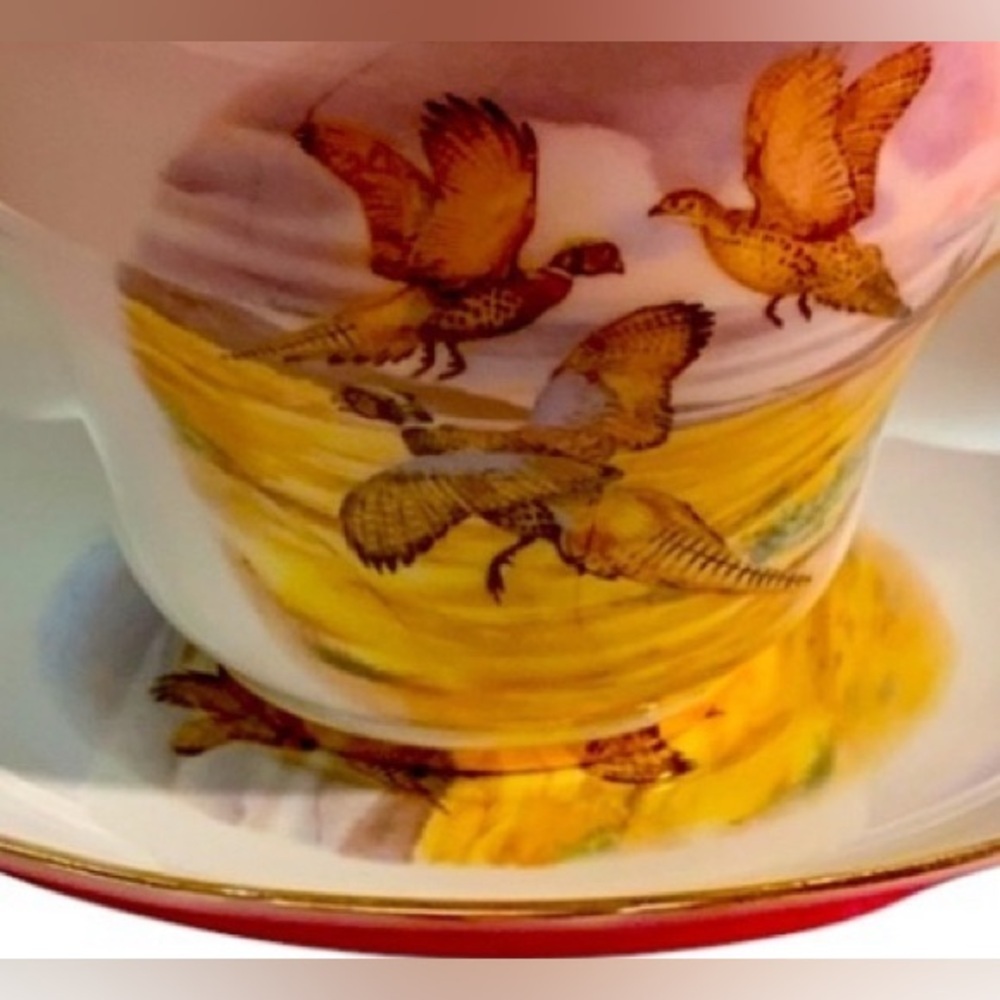 Regency, Cup & Saucer with Pheasant flying in orange evening sky. Bone China - Picture 2 of 8